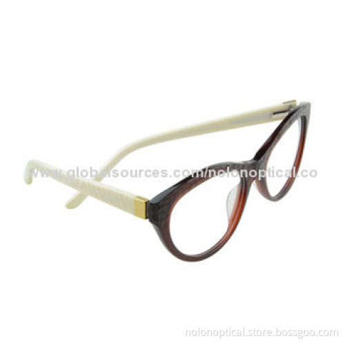Cat eye shape acetate optical frames in brown with white